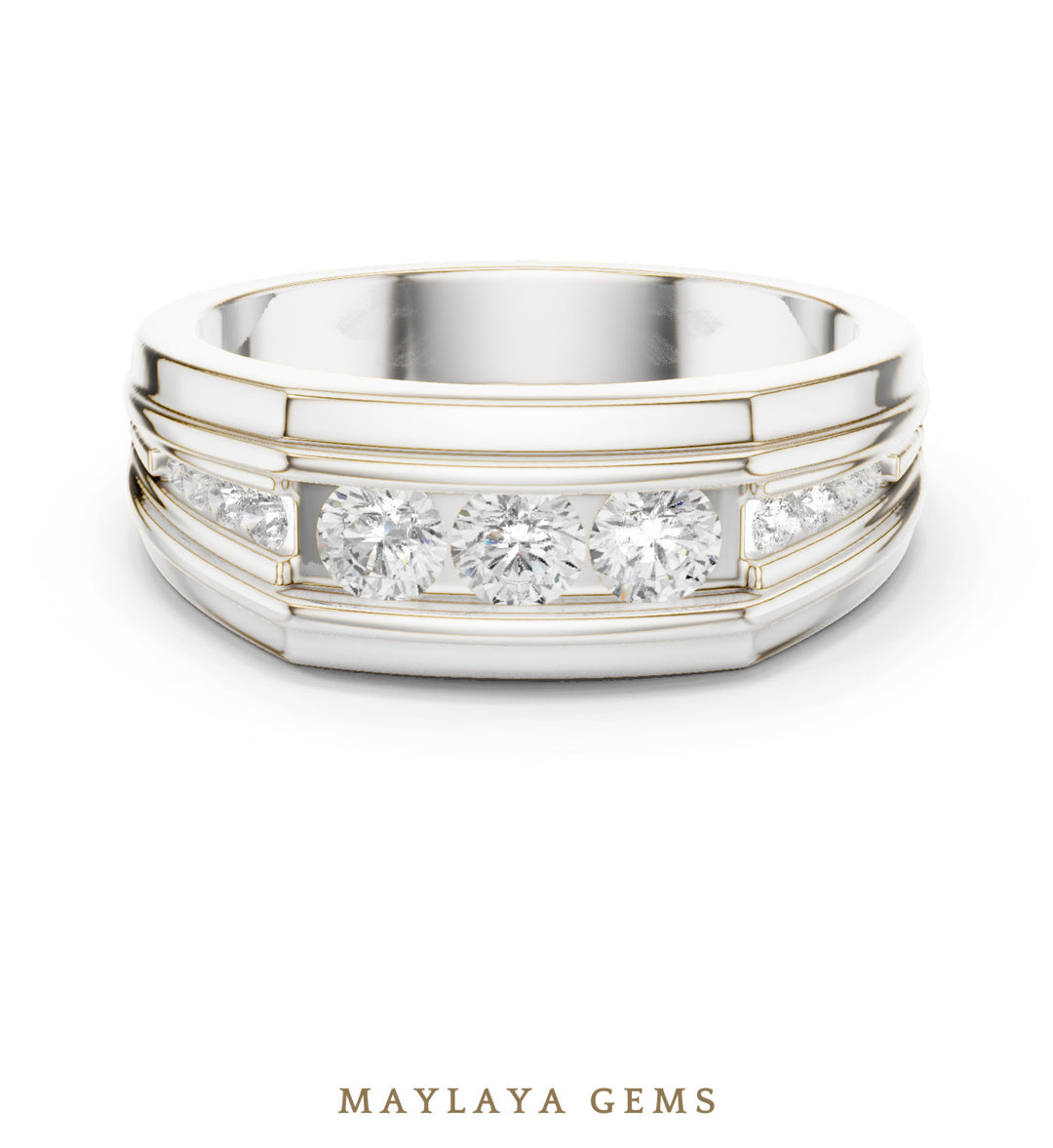 Maylaya Gems 0.585 ct Round Stepped Channel Lab-Grown Diamond Men's Band in white gold