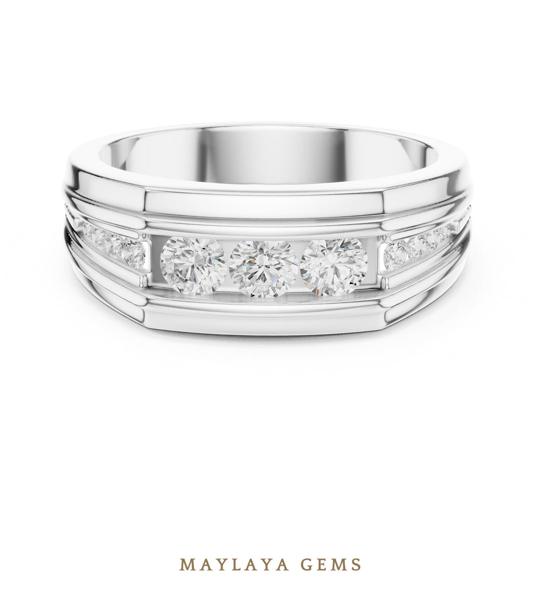 Maylaya Gems 0.585 ct Round Stepped Channel Lab-Grown Diamond Men's Band in white gold