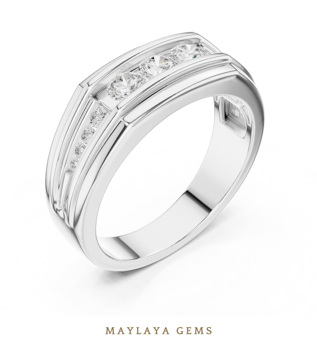 Maylaya Gems 0.585 ct Round Stepped Channel Lab-Grown Diamond Men's Band in white gold