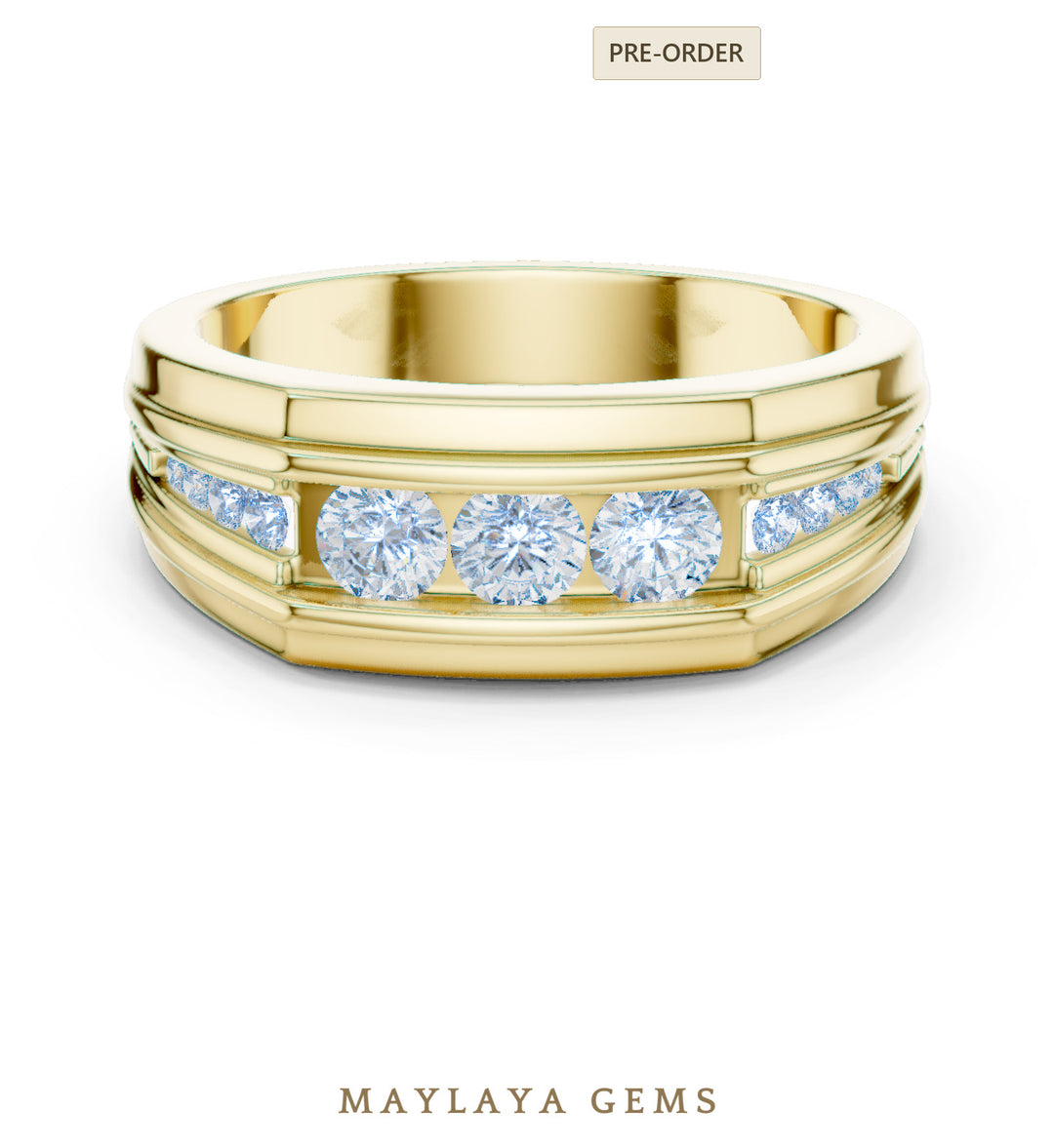Maylaya Gems 0.585 ct Round Stepped Channel Lab-Grown Diamond Men's Band in yellow gold