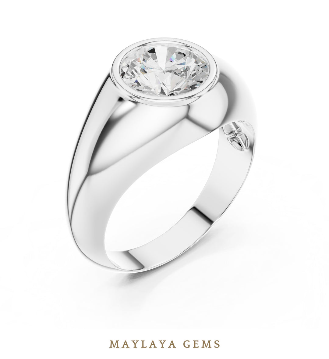 Maylaya Gems 1.920 ct Round Bezel Signet Lab-Grown Diamond Men's Ring in white gold
