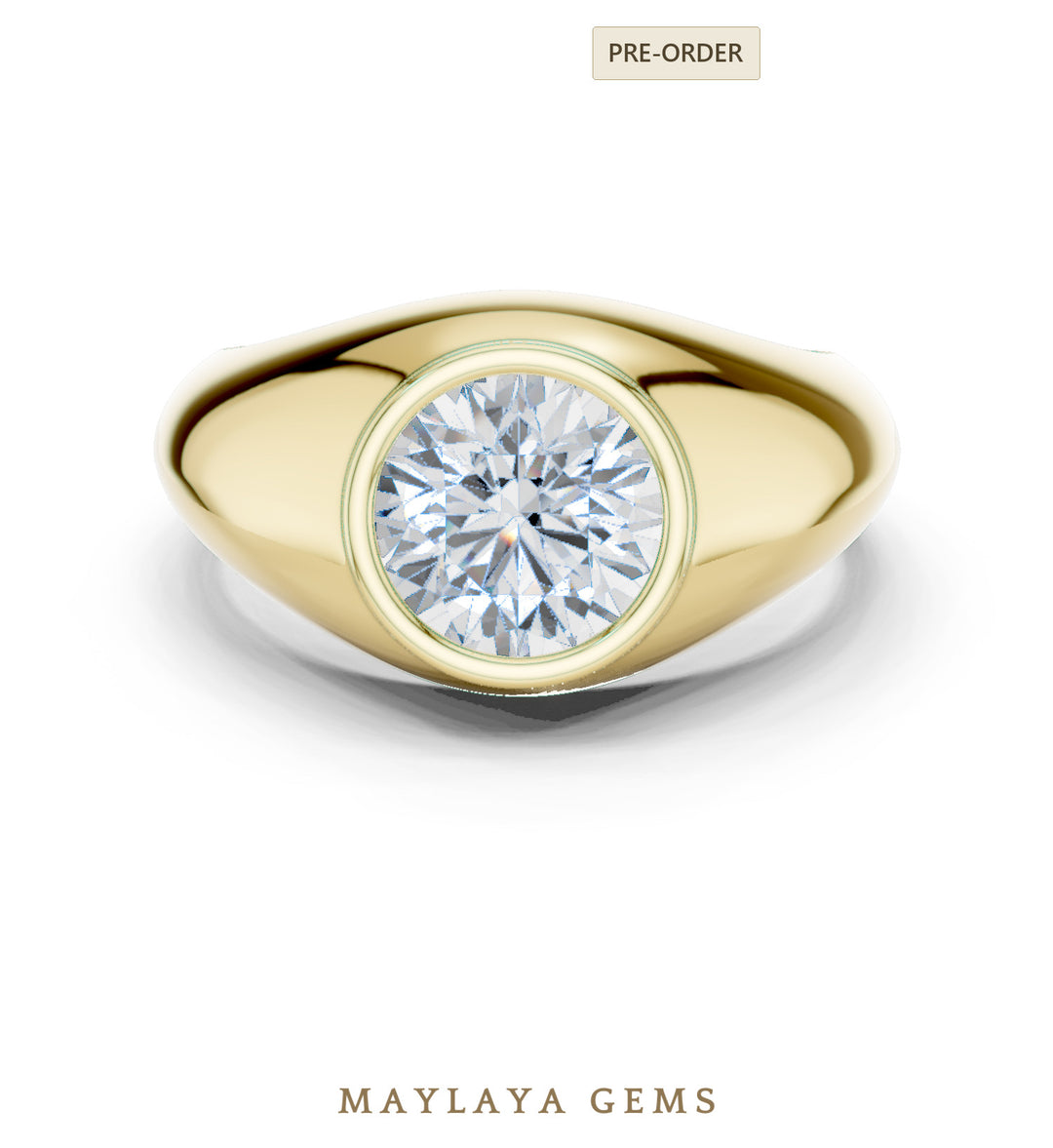 Maylaya Gems 1.920 ct Round Bezel Signet Lab-Grown Diamond Men's Ring in yellow gold