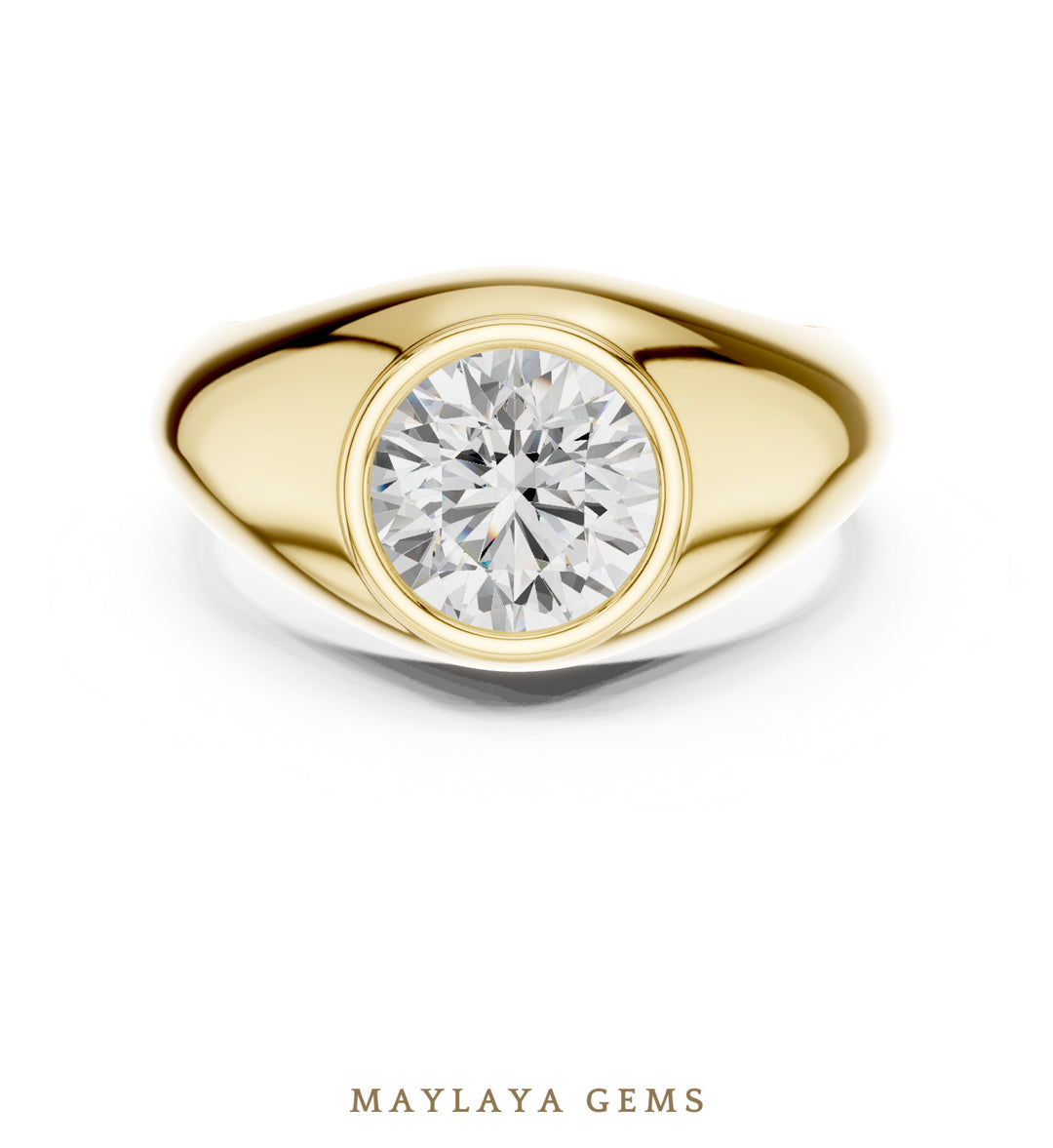 Maylaya Gems 1.920 ct Round Bezel Signet Lab-Grown Diamond Men's Ring in yellow gold
