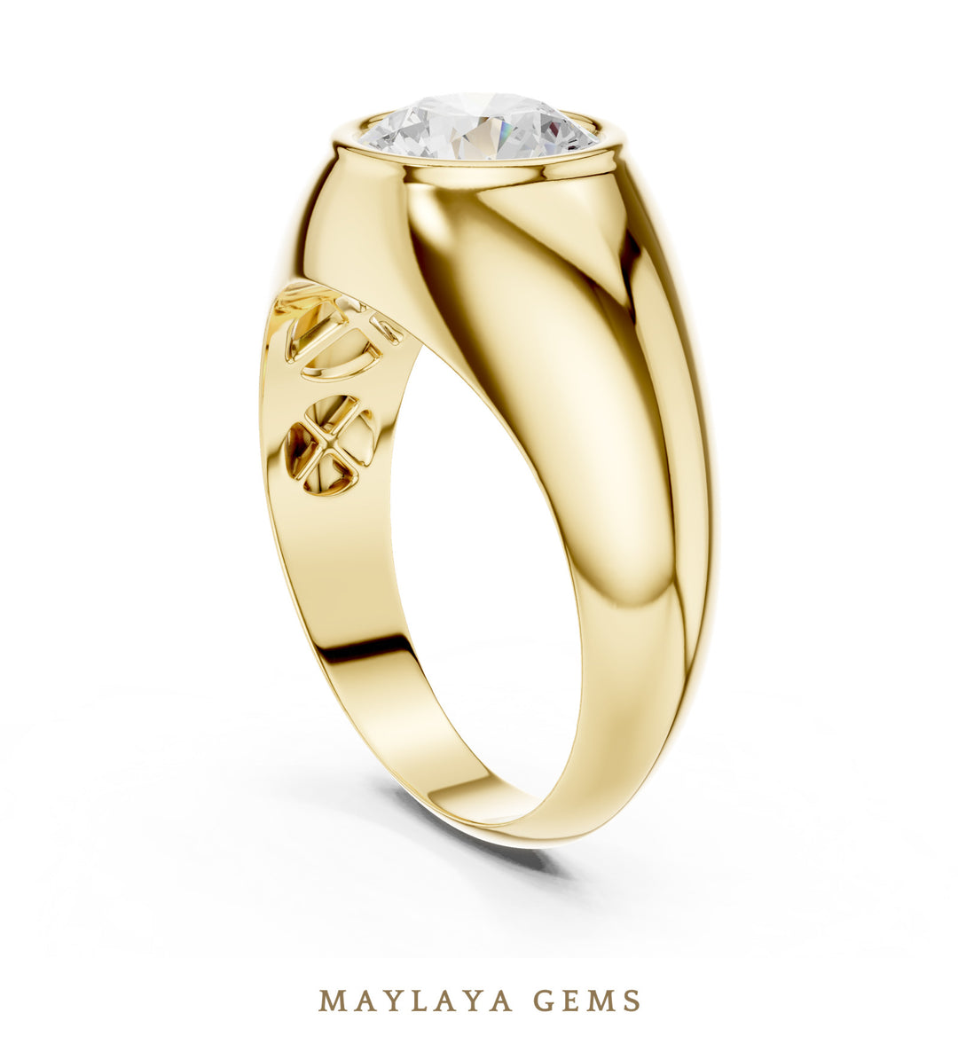 Maylaya Gems 1.920 ct Round Bezel Signet Lab-Grown Diamond Men's Ring in yellow gold