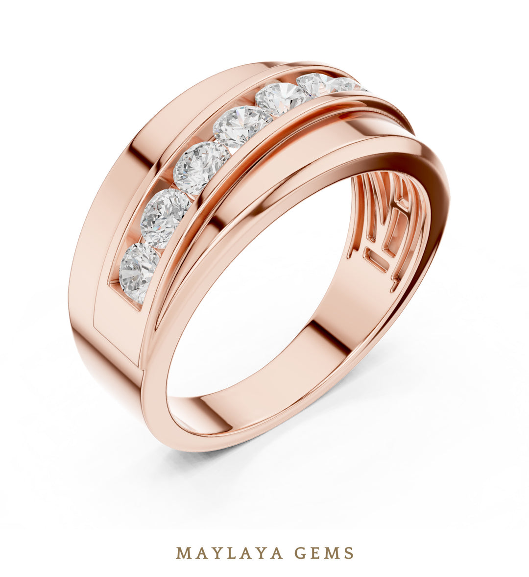 Maylaya Gems 0.880 ct Round Diagonal Channel Lab-Grown Diamond Men's Band in rose gold