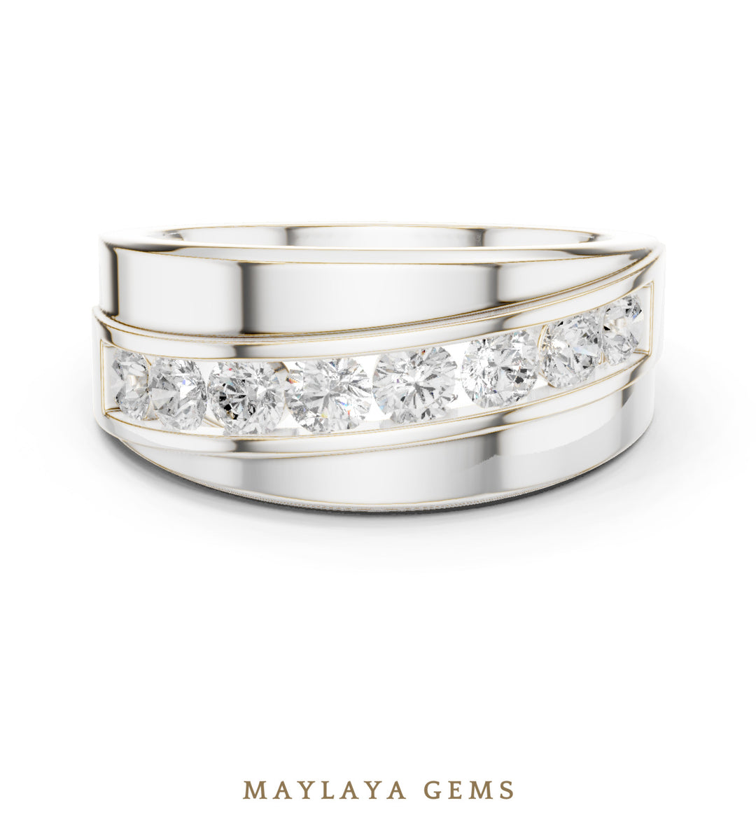 Maylaya Gems 0.880 ct Round Diagonal Channel Lab-Grown Diamond Men's Band in white gold