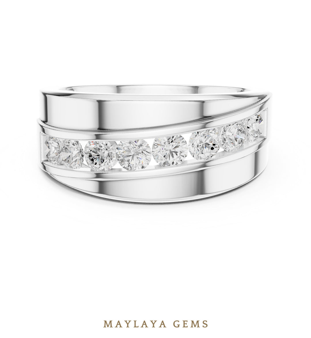 Maylaya Gems 0.880 ct Round Diagonal Channel Lab-Grown Diamond Men's Band in white gold