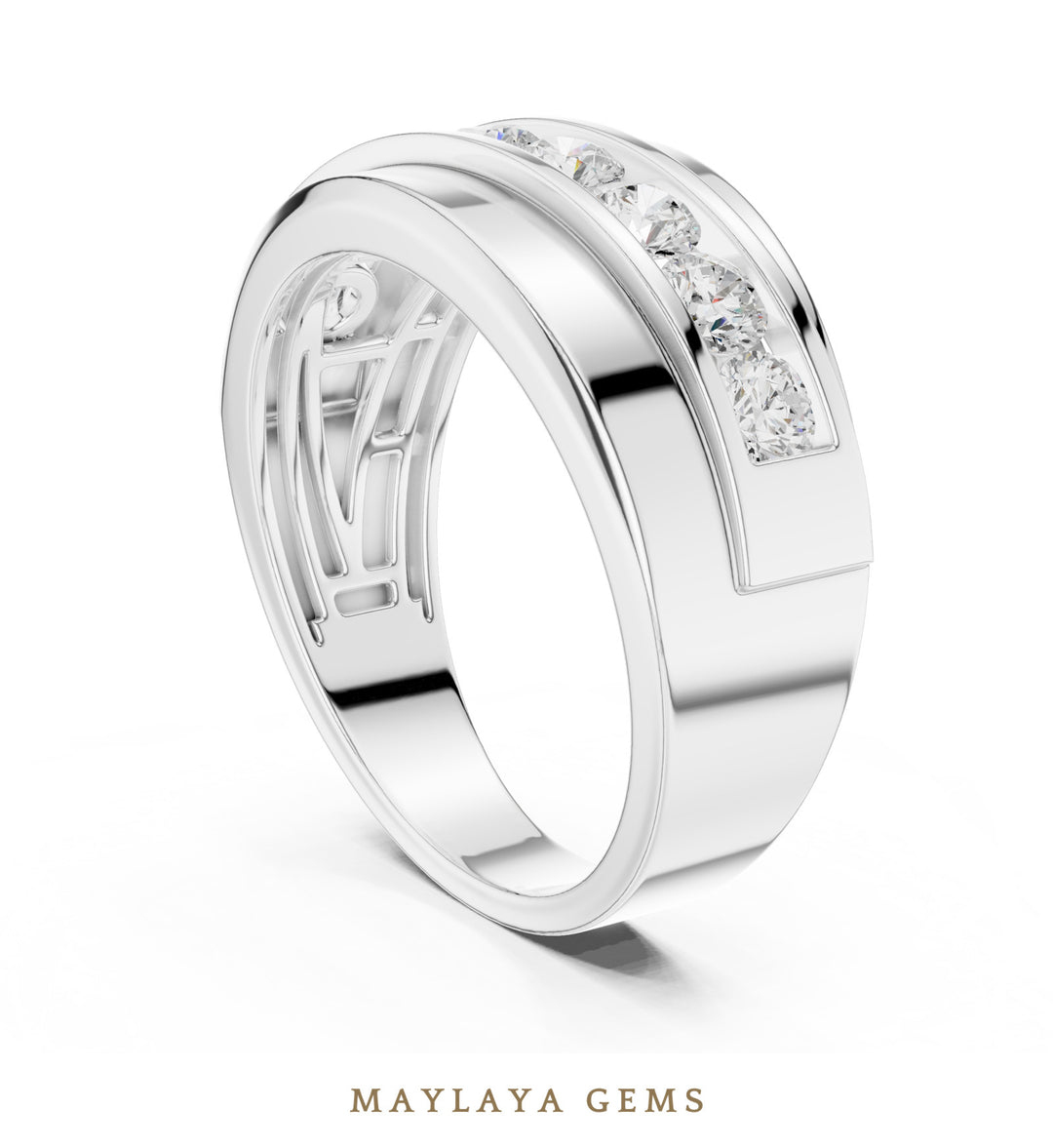 Maylaya Gems 0.880 ct Round Diagonal Channel Lab-Grown Diamond Men's Band in white gold