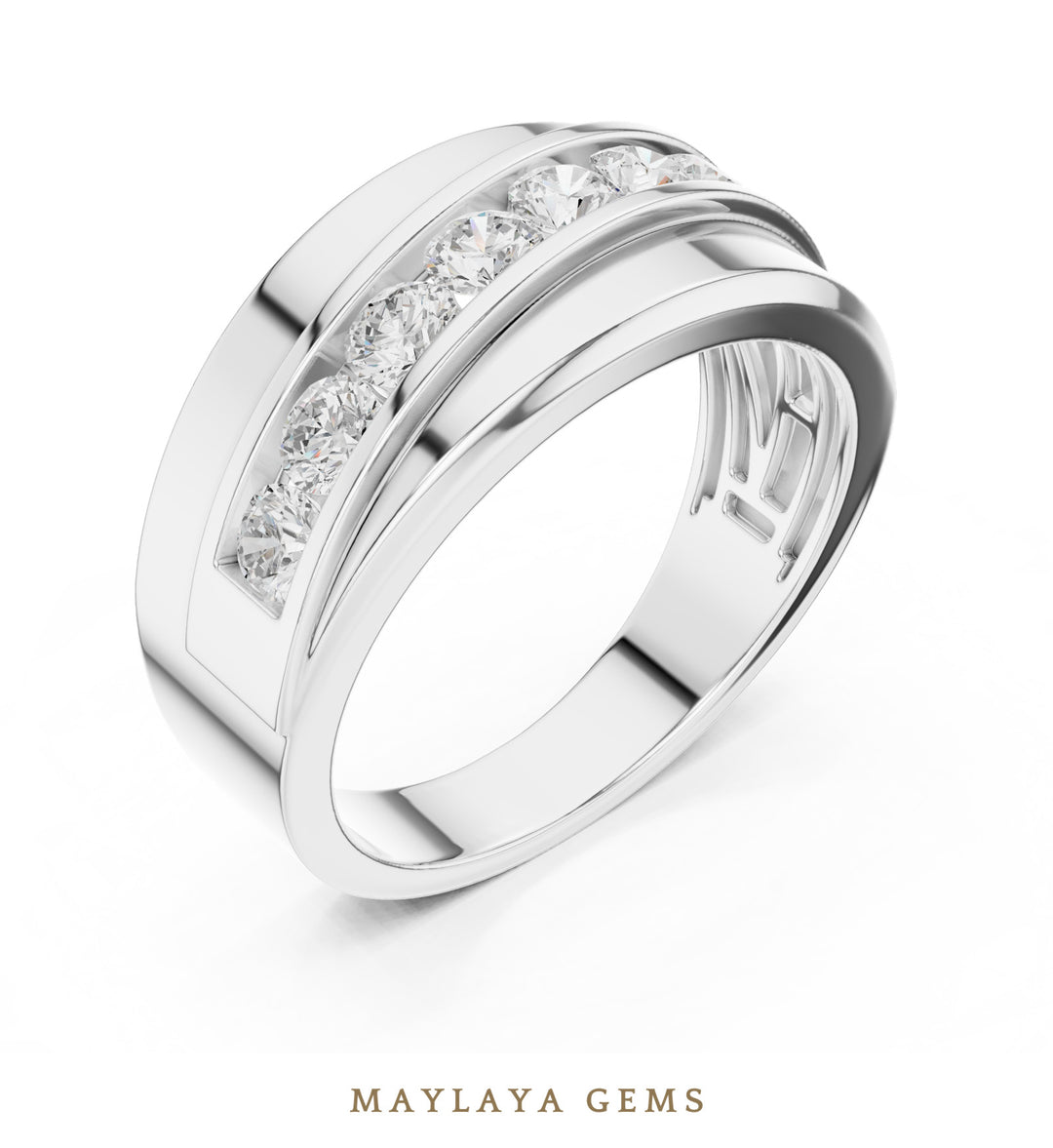 Maylaya Gems 0.880 ct Round Diagonal Channel Lab-Grown Diamond Men's Band in white gold