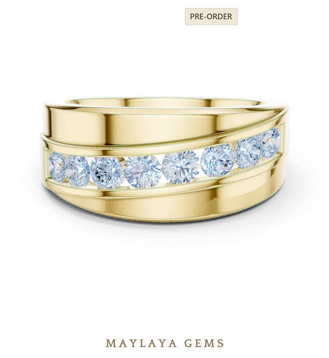 Maylaya Gems 0.880 ct Round Diagonal Channel Lab-Grown Diamond Men's Band in yellow gold