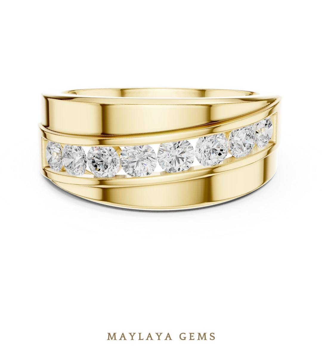 Maylaya Gems 0.880 ct Round Diagonal Channel Lab-Grown Diamond Men's Band in yellow gold