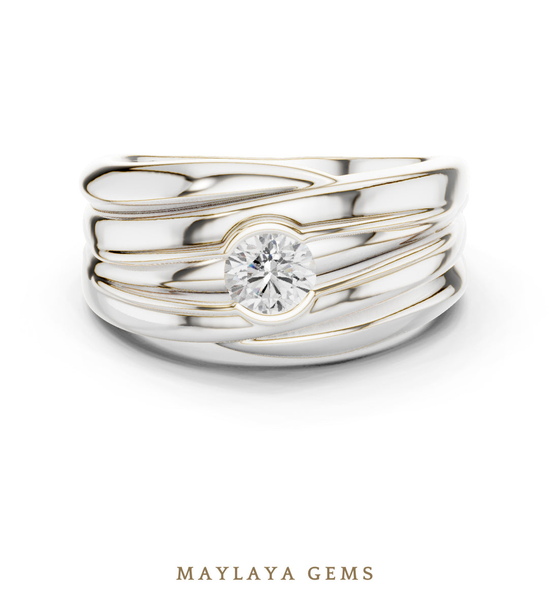 Maylaya Gems 0.470 ct Round Sculpted Rail Lab-Grown Diamond Men's Ring in white gold
