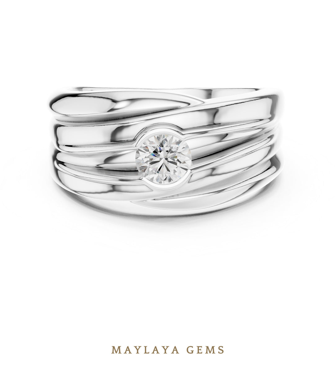 Maylaya Gems 0.470 ct Round Sculpted Rail Lab-Grown Diamond Men's Ring in white gold