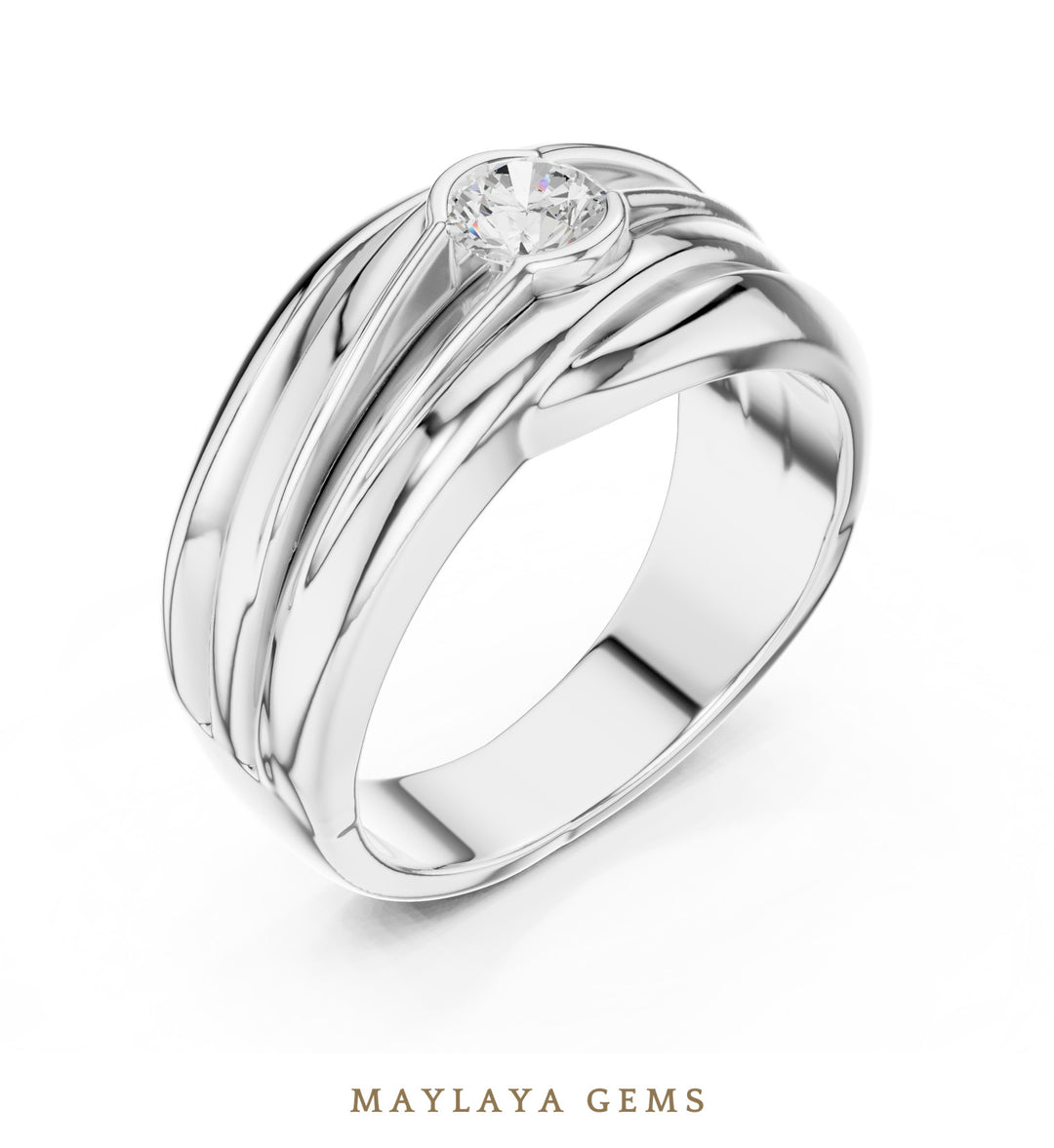 Maylaya Gems 0.470 ct Round Sculpted Rail Lab-Grown Diamond Men's Ring in white gold