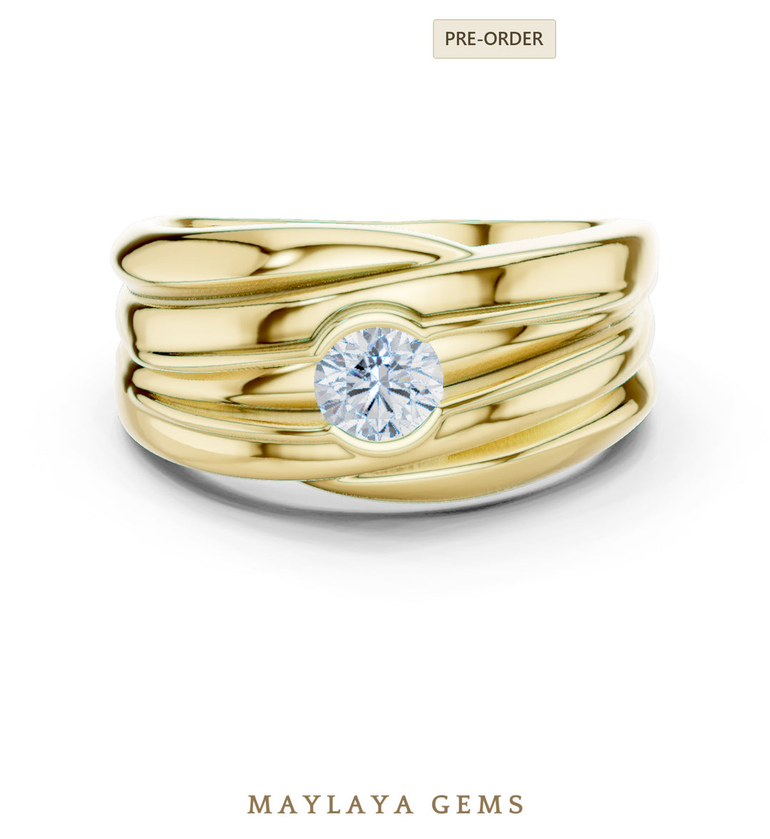 Maylaya Gems 0.470 ct Round Sculpted Rail Lab-Grown Diamond Men's Ring in yellow gold