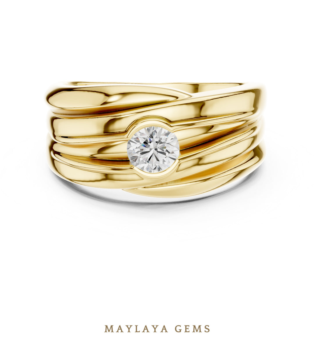 Maylaya Gems 0.470 ct Round Sculpted Rail Lab-Grown Diamond Men's Ring in yellow gold