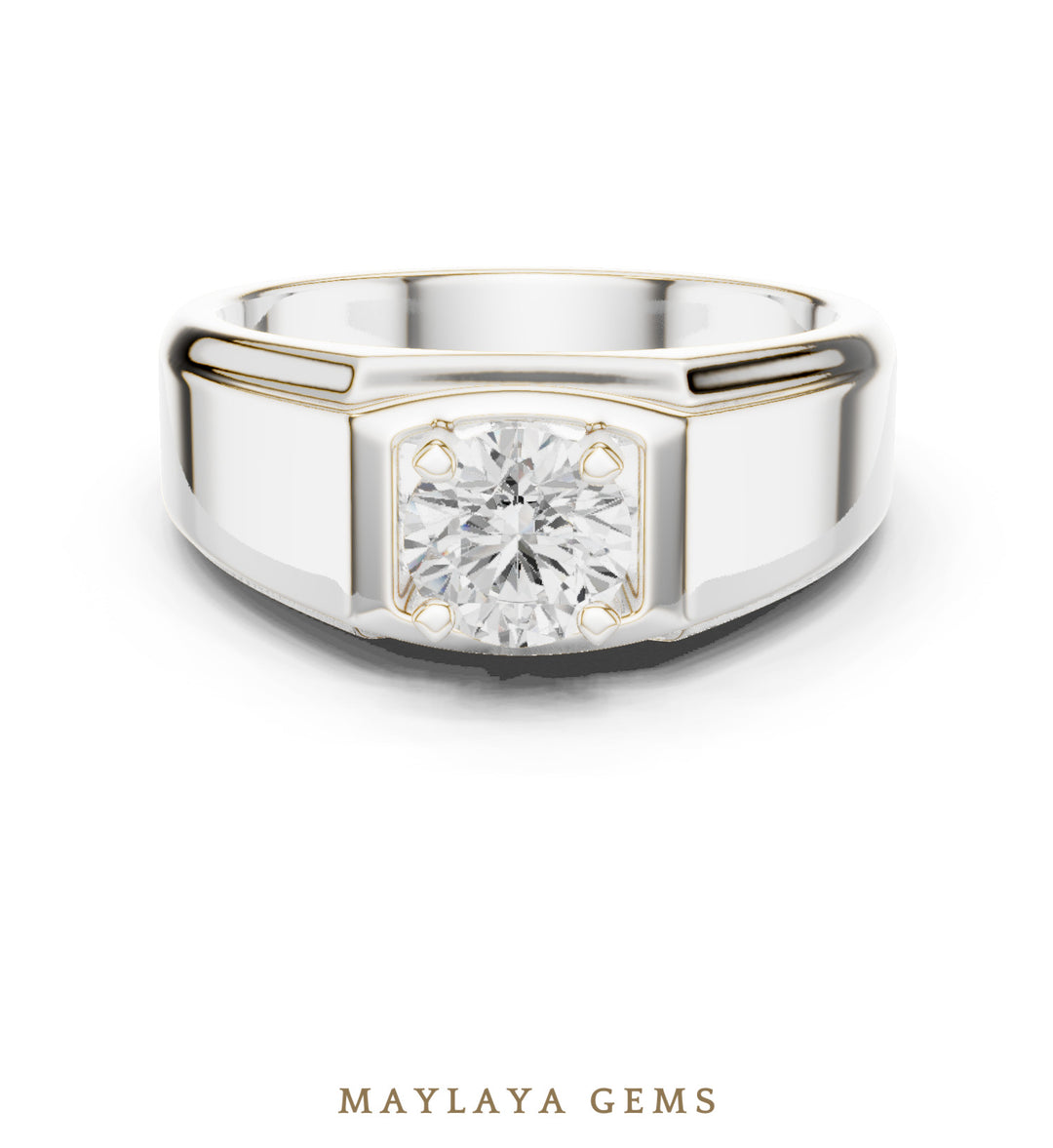 Maylaya Gems 0.850 ct Round Fluted Shoulder Lab-Grown Diamond Men's Ring in white gold