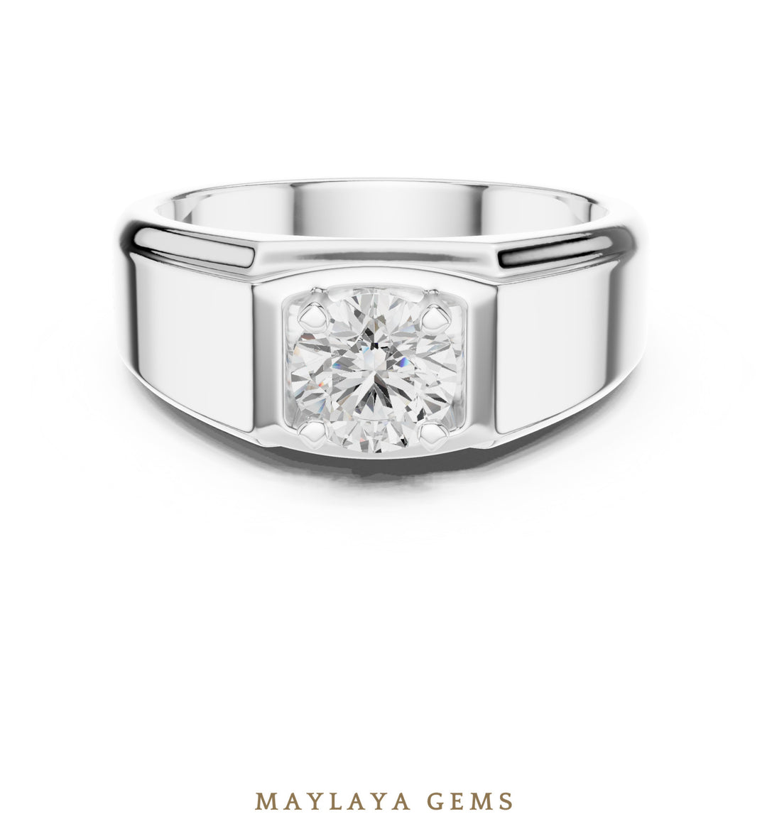Maylaya Gems 0.850 ct Round Fluted Shoulder Lab-Grown Diamond Men's Ring in white gold