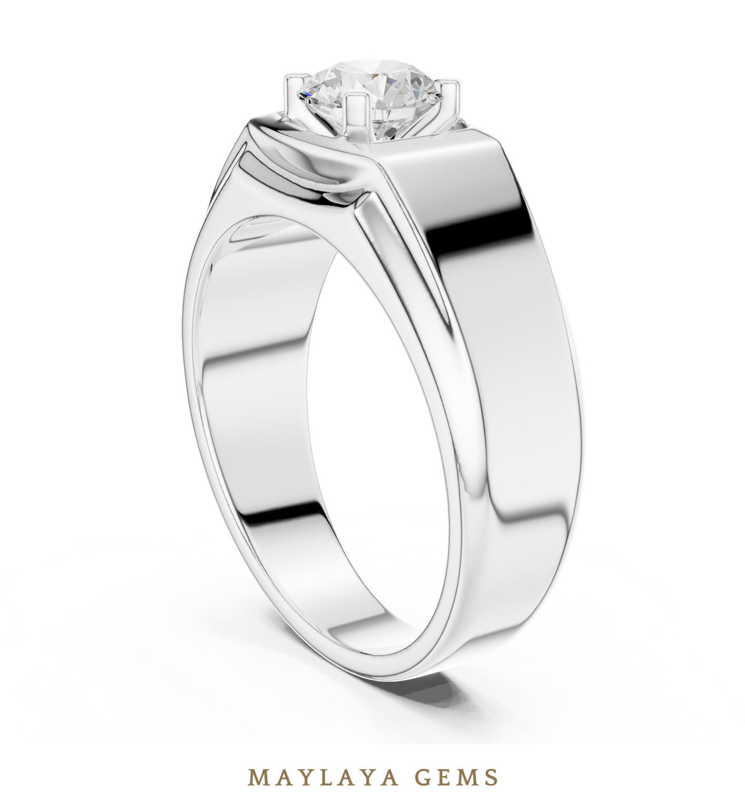 Maylaya Gems 0.850 ct Round Fluted Shoulder Lab-Grown Diamond Men's Ring in white gold