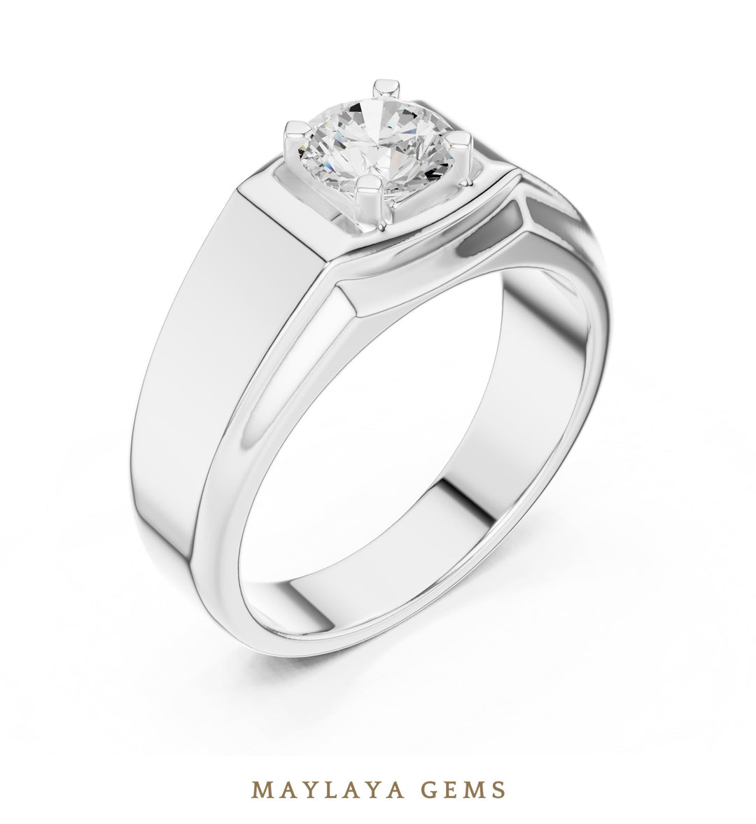 Maylaya Gems 0.850 ct Round Fluted Shoulder Lab-Grown Diamond Men's Ring in white gold