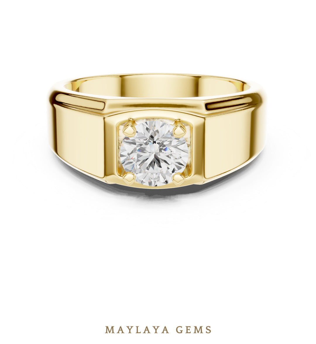 Maylaya Gems 0.850 ct Round Fluted Shoulder Lab-Grown Diamond Men's Ring in yellow gold
