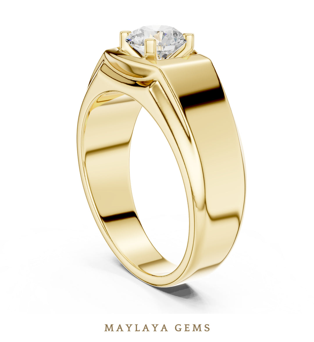 Maylaya Gems 0.850 ct Round Fluted Shoulder Lab-Grown Diamond Men's Ring in yellow gold
