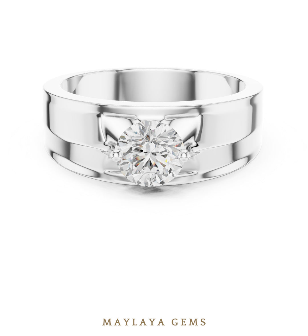 Maylaya Gems 0.850 ct Round Geometric Shoulder Lab-Grown Diamond Men's Ring in white gold