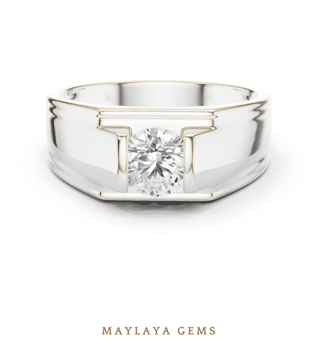 Maylaya Gems 1.000 ct Round Grooved Shoulder Lab-Grown Diamond Men's Ring in white gold