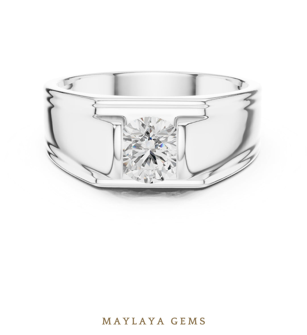 Maylaya Gems 1.000 ct Round Grooved Shoulder Lab-Grown Diamond Men's Ring in white gold