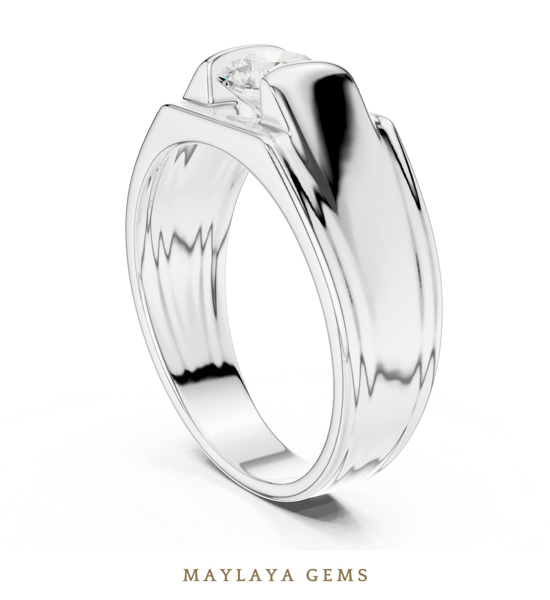 Maylaya Gems 1.000 ct Round Grooved Shoulder Lab-Grown Diamond Men's Ring in white gold