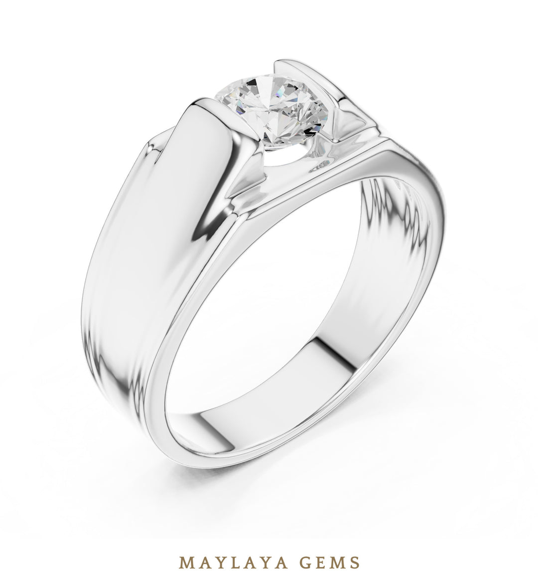 Maylaya Gems 1.000 ct Round Grooved Shoulder Lab-Grown Diamond Men's Ring in white gold
