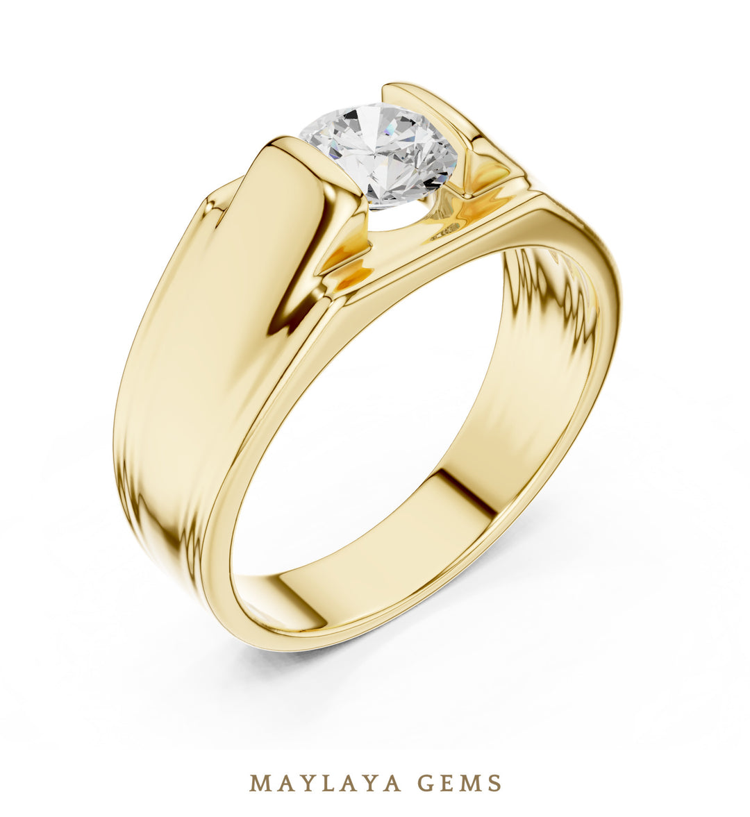 Maylaya Gems 1.000 ct Round Grooved Shoulder Lab-Grown Diamond Men's Ring in yellow gold