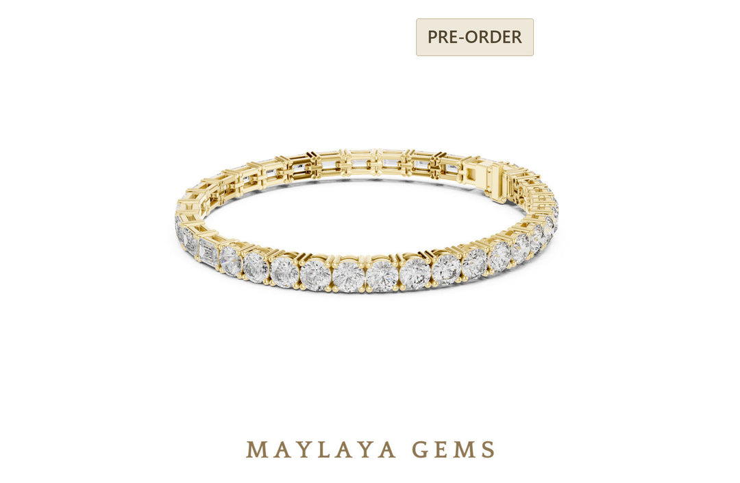 Maylaya Gems round & emerald split tennis lab-grown diamond bracelet in yellow gold