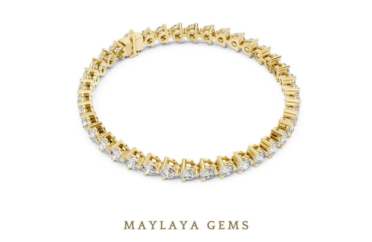 Maylaya gems round three prong tennis lab grown diamond bracelet in yellow gold