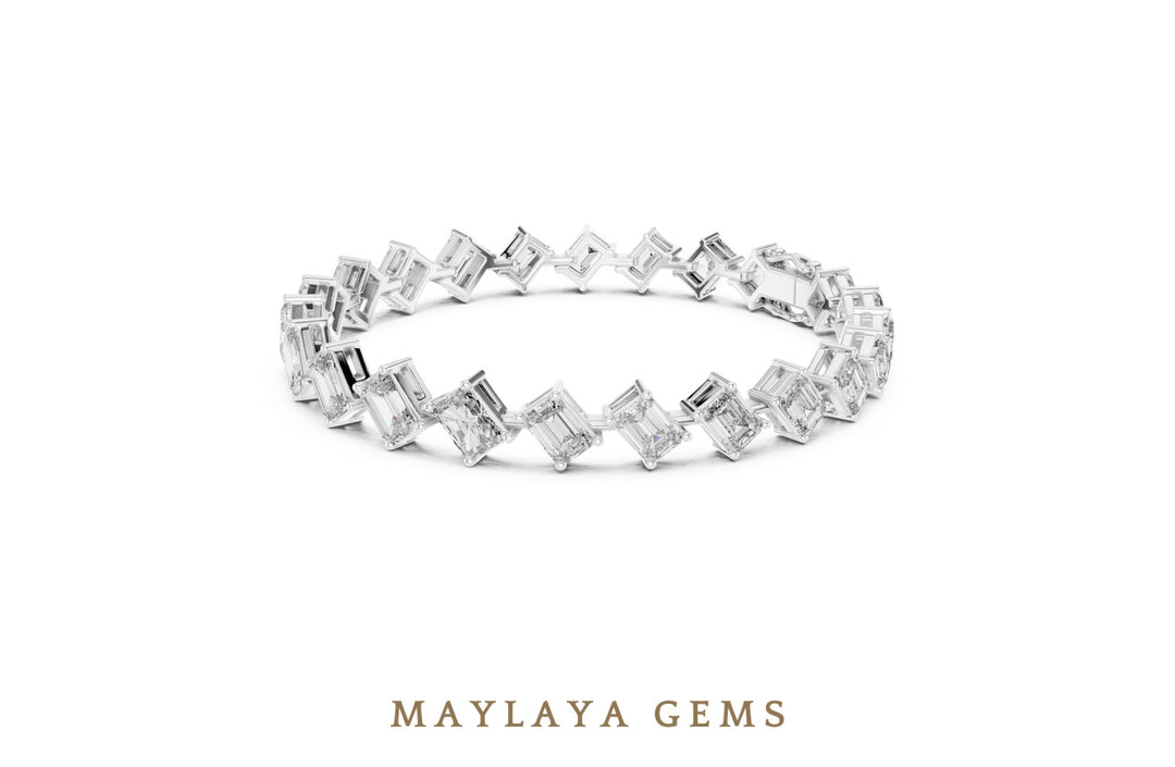 Maylaya Gems emerald & radiant diagonal link lab-grown diamond bracelet in white gold