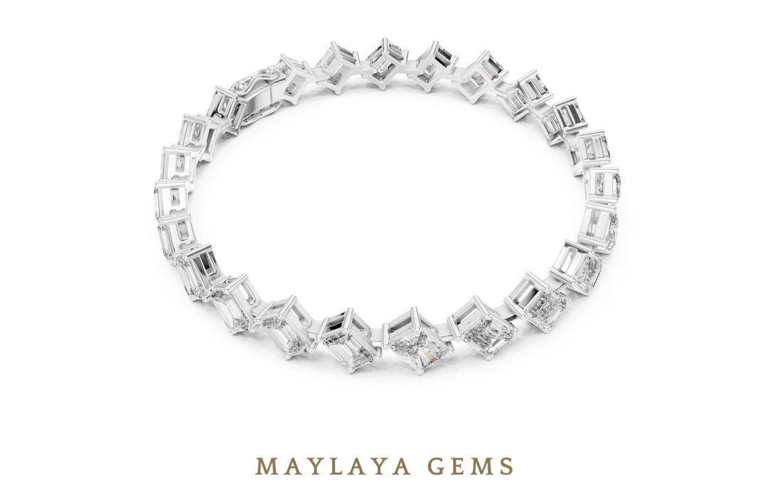 Maylaya Gems emerald & radiant diagonal link lab-grown diamond bracelet in white gold