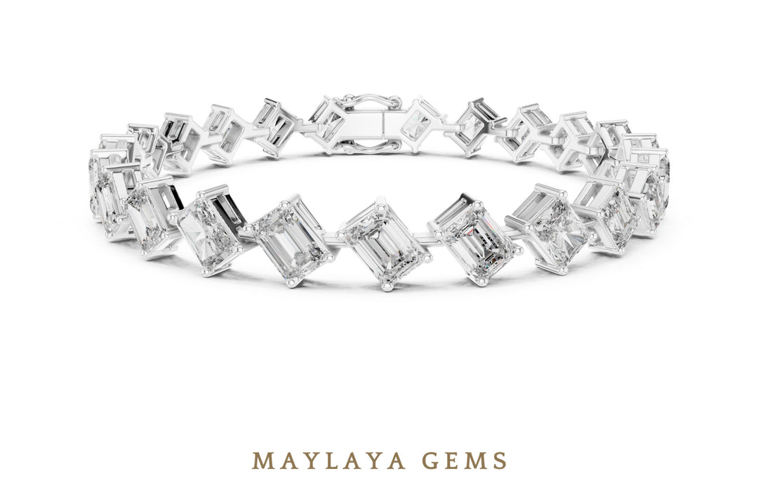 Maylaya Gems emerald & radiant diagonal link lab-grown diamond bracelet in white gold
