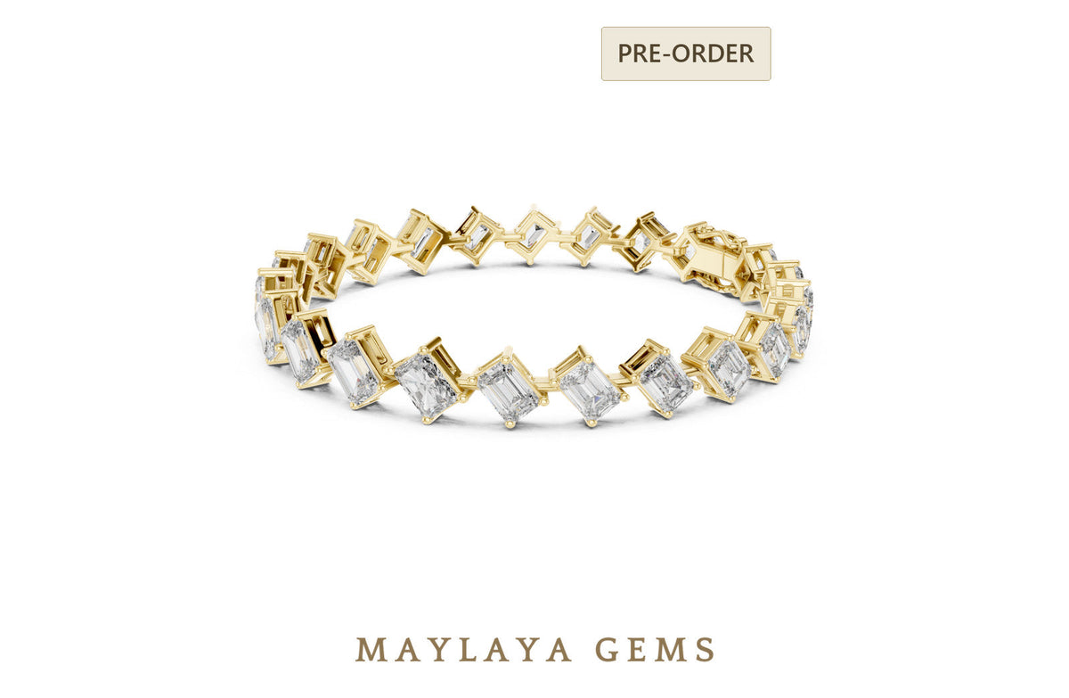 Maylaya gems emerald & radiant diagonal link lab grown diamond bracelet in yellow gold