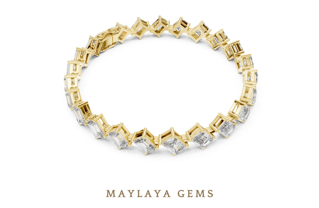Maylaya Gems emerald & radiant diagonal link lab-grown diamond bracelet in yellow gold