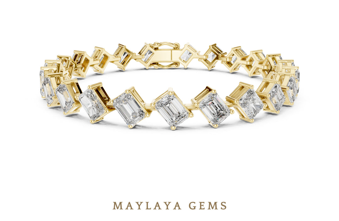 Maylaya Gems emerald & radiant diagonal link lab-grown diamond bracelet in yellow gold