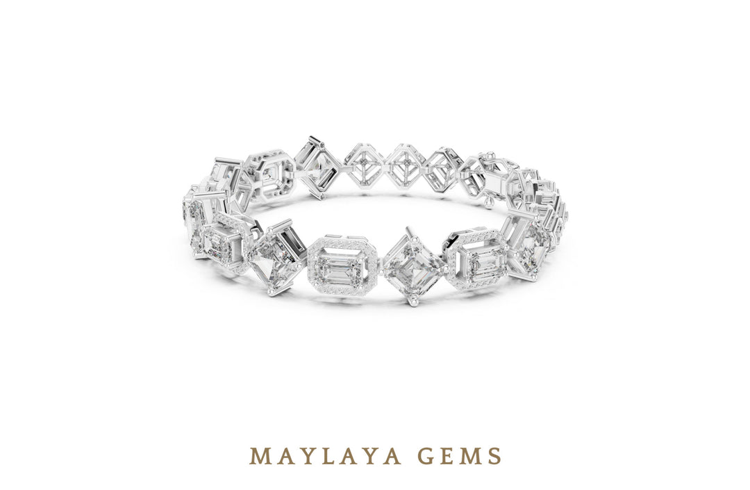 Maylaya Gems emerald halo & square link lab-grown diamond bracelet in white gold