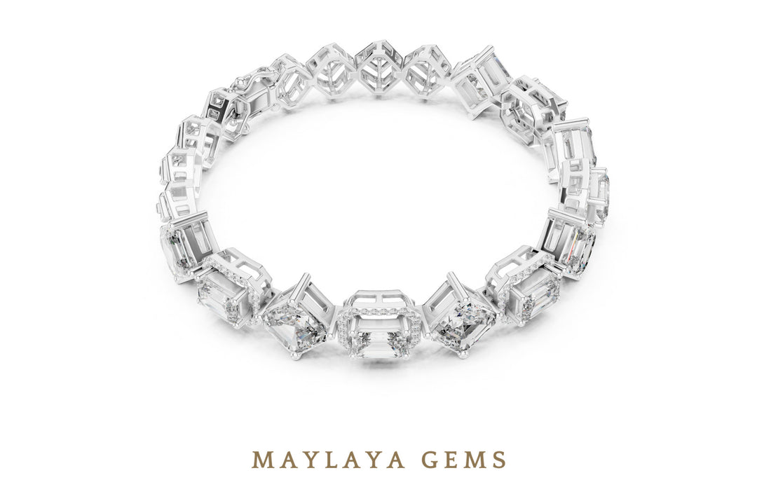 Maylaya Gems emerald halo & square link lab-grown diamond bracelet in white gold