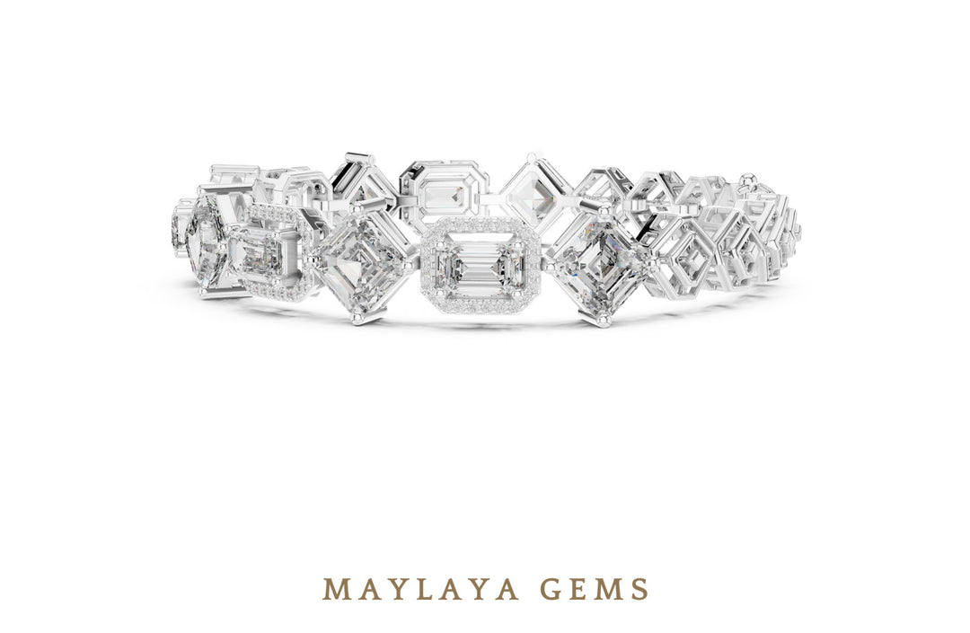 Maylaya Gems emerald halo & square link lab-grown diamond bracelet in white gold