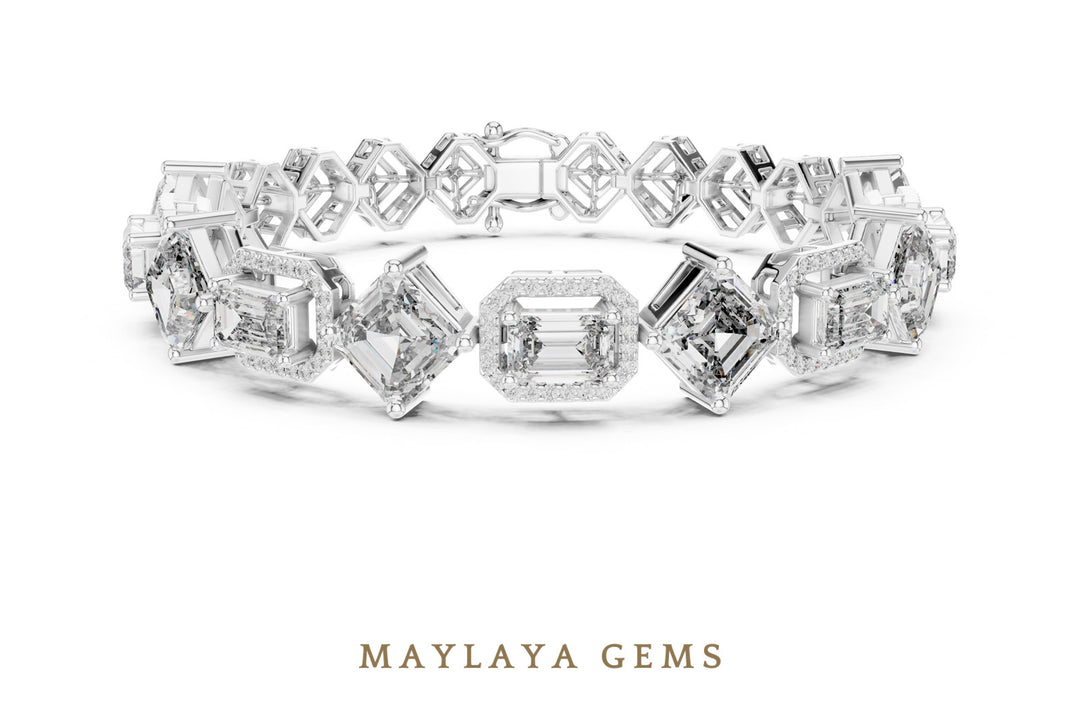 Maylaya Gems emerald halo & square link lab-grown diamond bracelet in white gold
