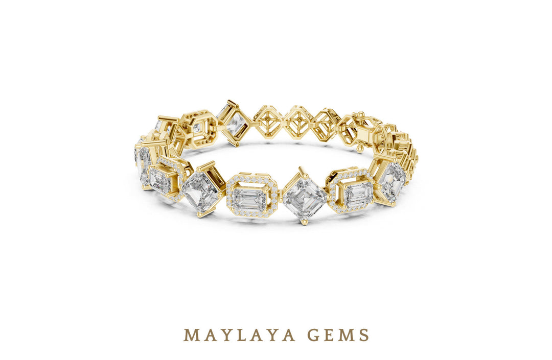 Maylaya Gems emerald halo & square link lab-grown diamond bracelet in yellow gold
