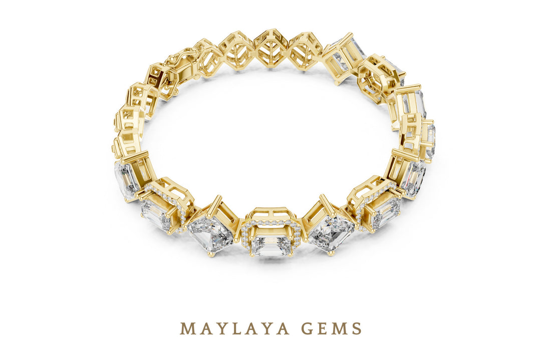 Maylaya Gems emerald halo & square link lab-grown diamond bracelet in yellow gold