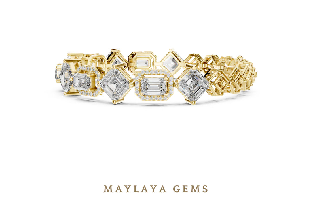 Maylaya Gems emerald halo & square link lab-grown diamond bracelet in yellow gold