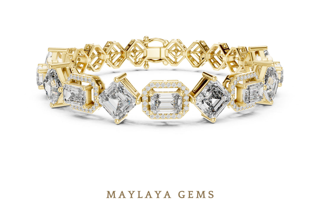 Maylaya Gems emerald halo & square link lab-grown diamond bracelet in yellow gold