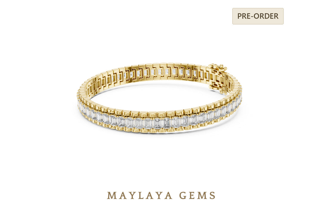 Maylaya Gems emerald bar-link tennis lab-grown diamond bracelet in yellow gold