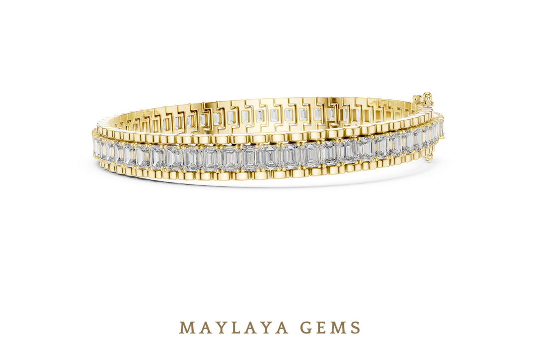 Maylaya Gems emerald bar-link tennis lab-grown diamond bracelet in yellow gold